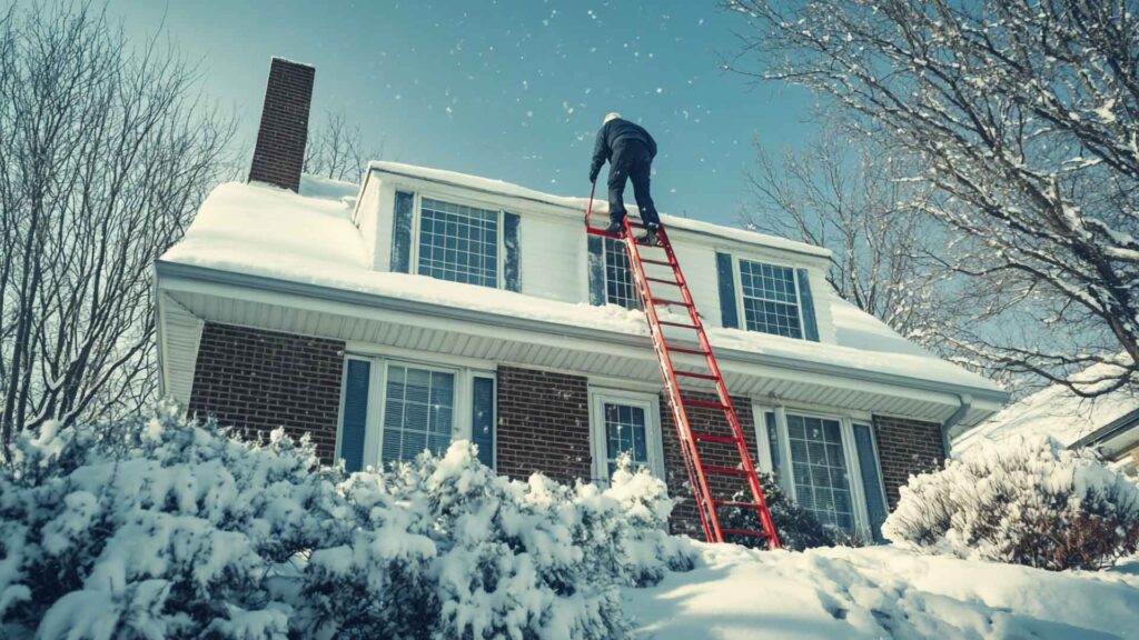 A person on a ladder clearing snow from the roof of a house during winter, ensuring proper maintenance.