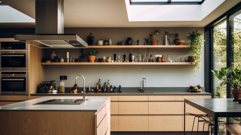 Elegant kitchen painted in soft neutral tones with a central island